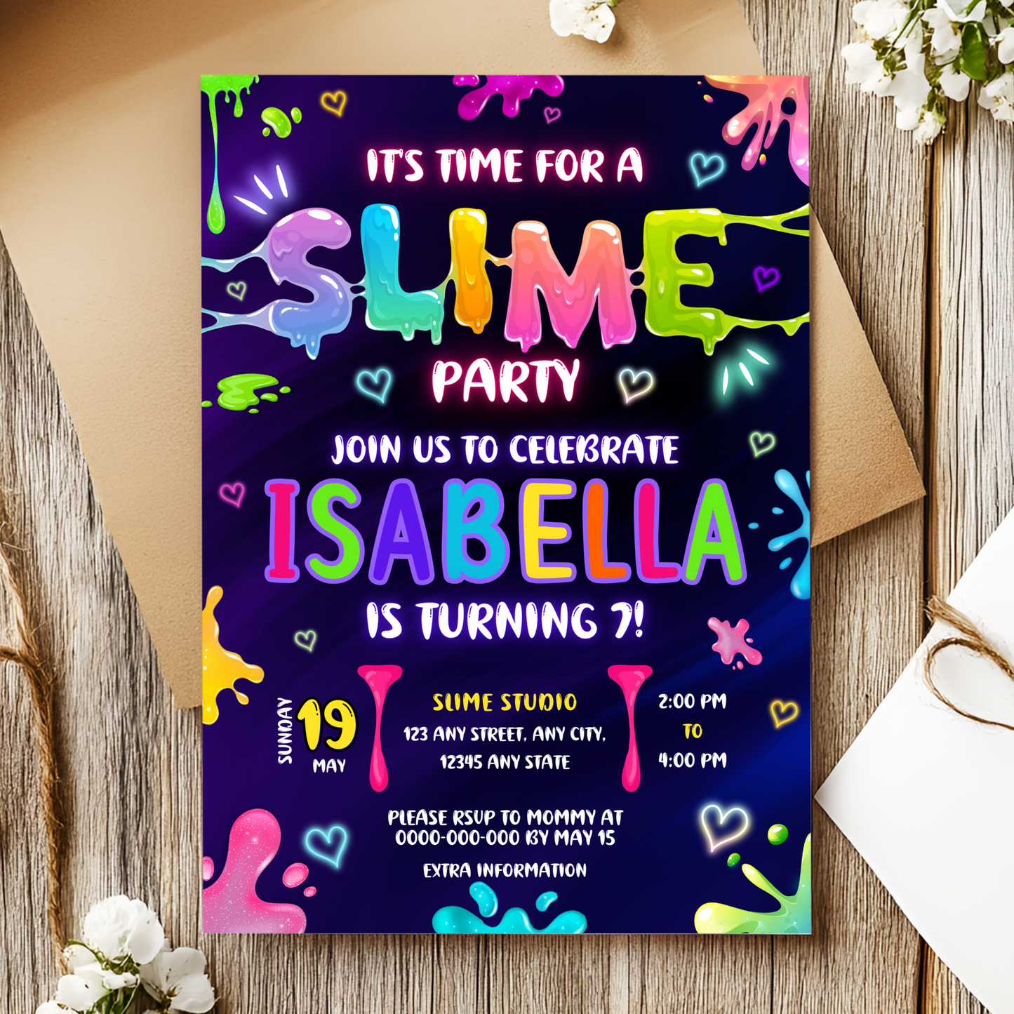 Colorful slime-themed birthday invitation template in Canva