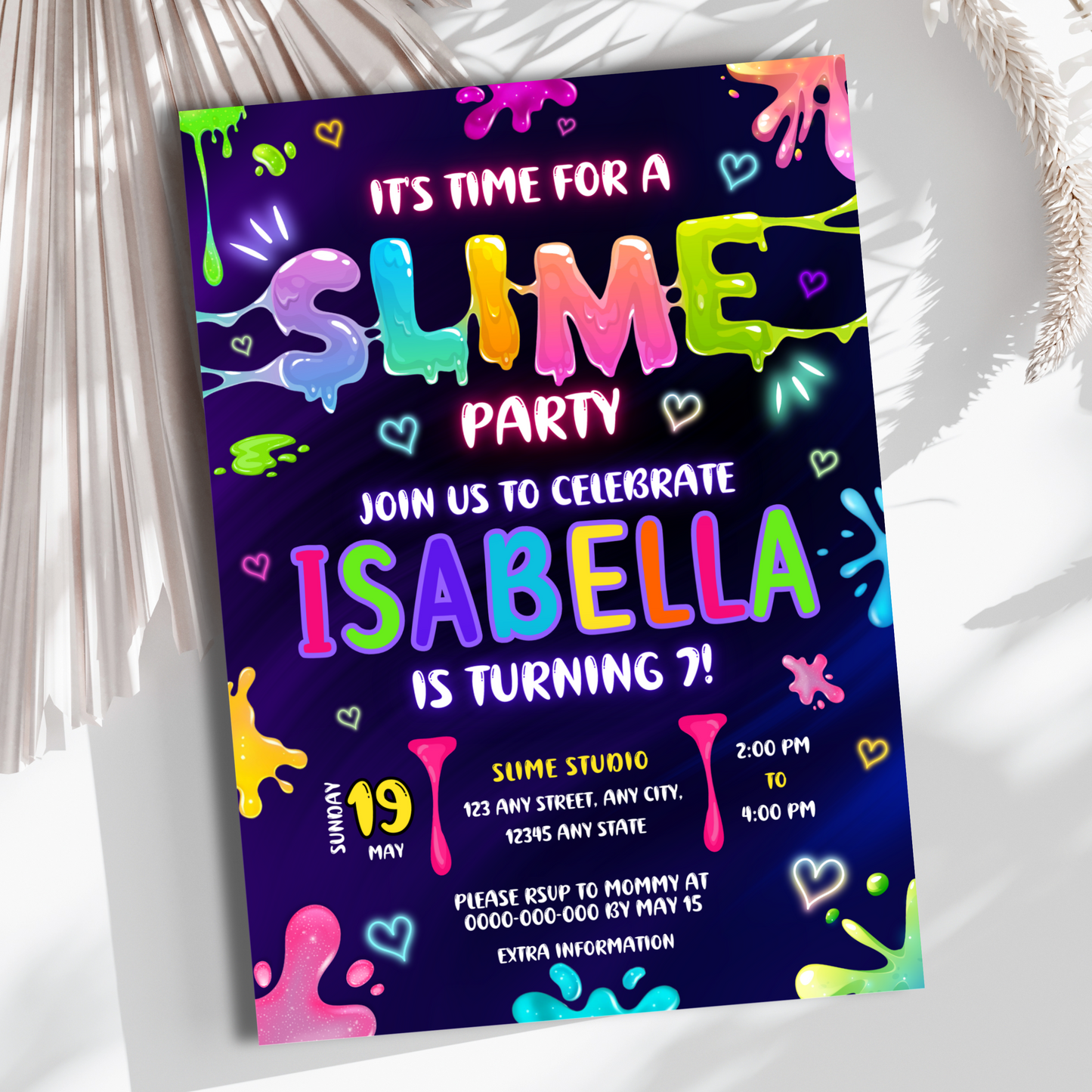 Personalized digital slime party invitation for girls
