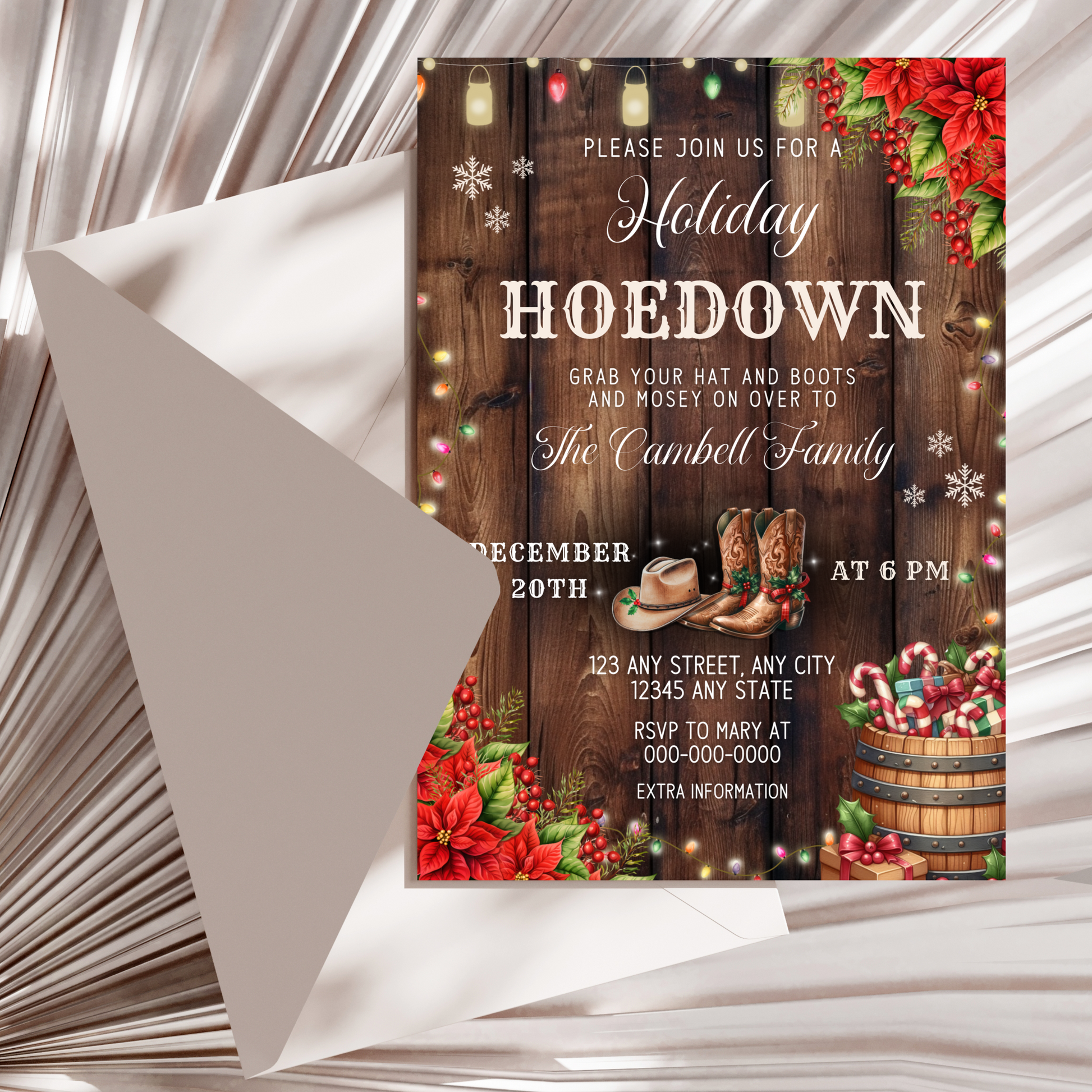 Printable Holiday Hoedown invitation template featuring country charm