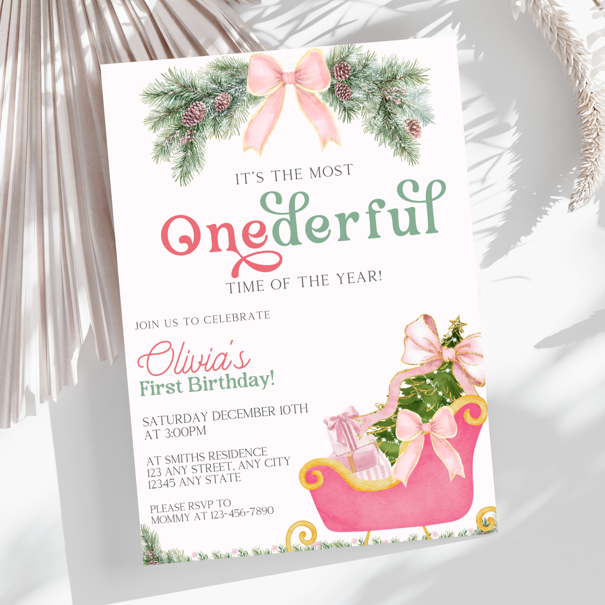 Customizable Onederful Time digital invitation with holiday flair