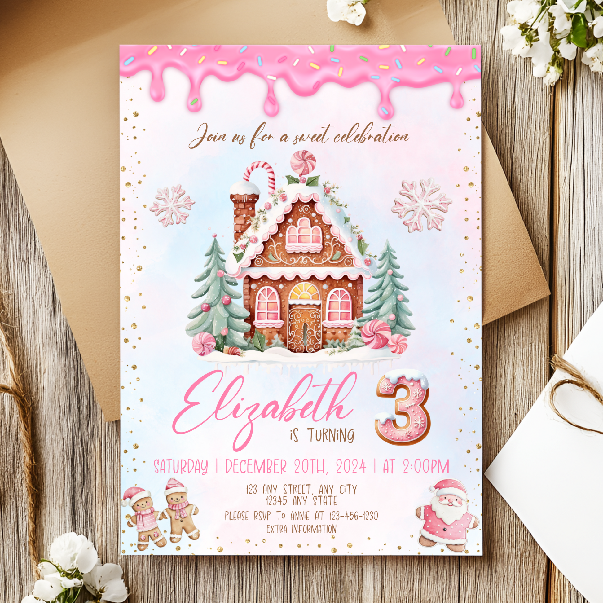 Printable Christmas birthday invitation template featuring a gingerbread house