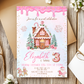 Printable Christmas birthday invitation template featuring a gingerbread house