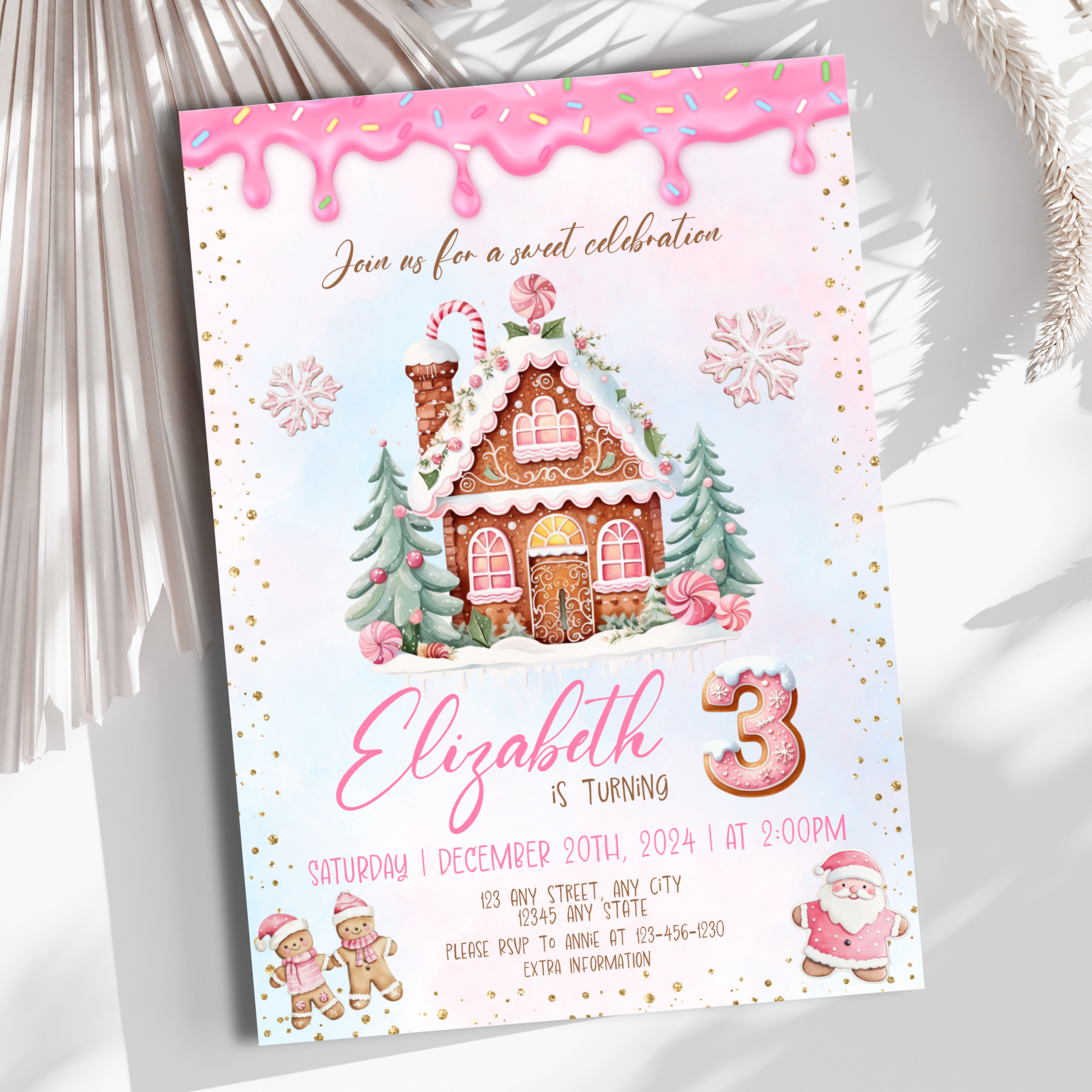 Gingerbread cookie decorating party invite in pink for Christmas celebrations