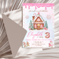 Editable Canva Christmas invitation with pink gingerbread house theme