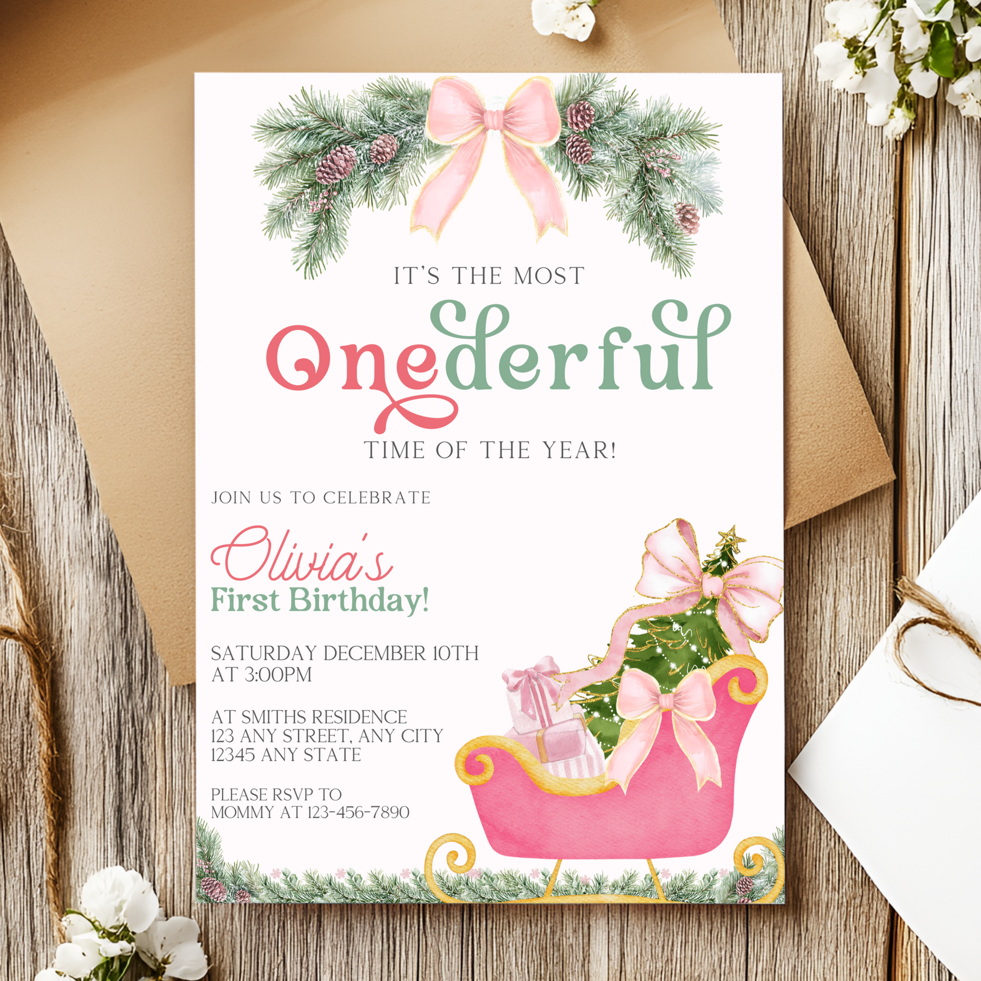 Editable Winter Onederland 1st birthday invite in Canva